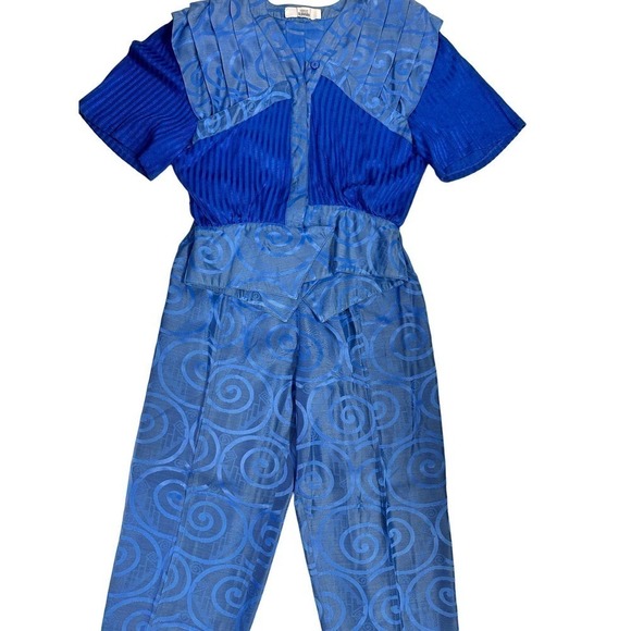 VTG GIUSI SLAVIERO Pant Suit Italy Sapphire Blue Damask Silk Sz M - Picture 3 of 9